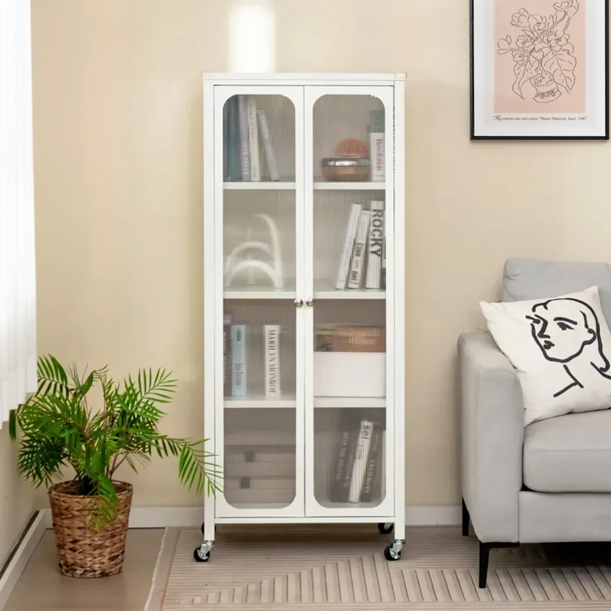 Glass Doors Storage Cabinet with Wheels and Adjustable Shelves