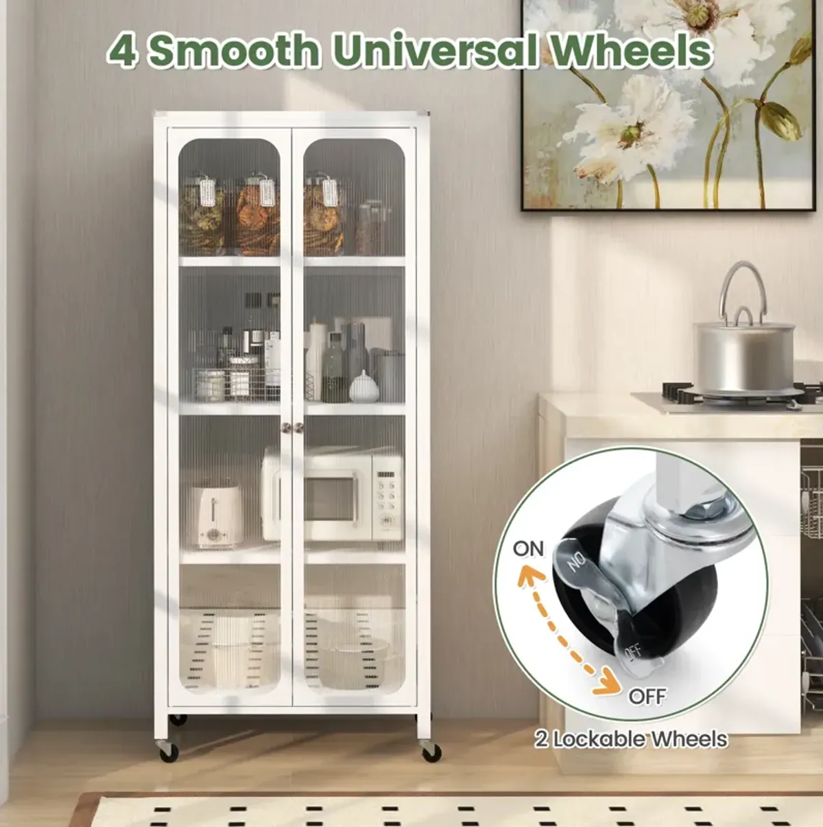 Glass Doors Storage Cabinet with Wheels and Adjustable Shelves