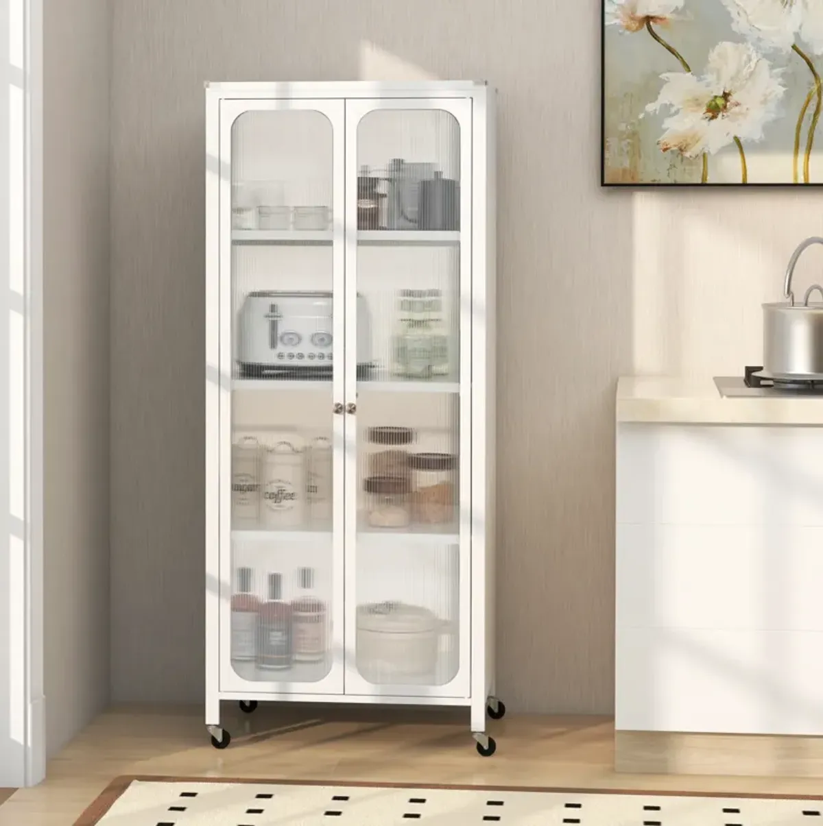 Glass Doors Storage Cabinet with Wheels and Adjustable Shelves