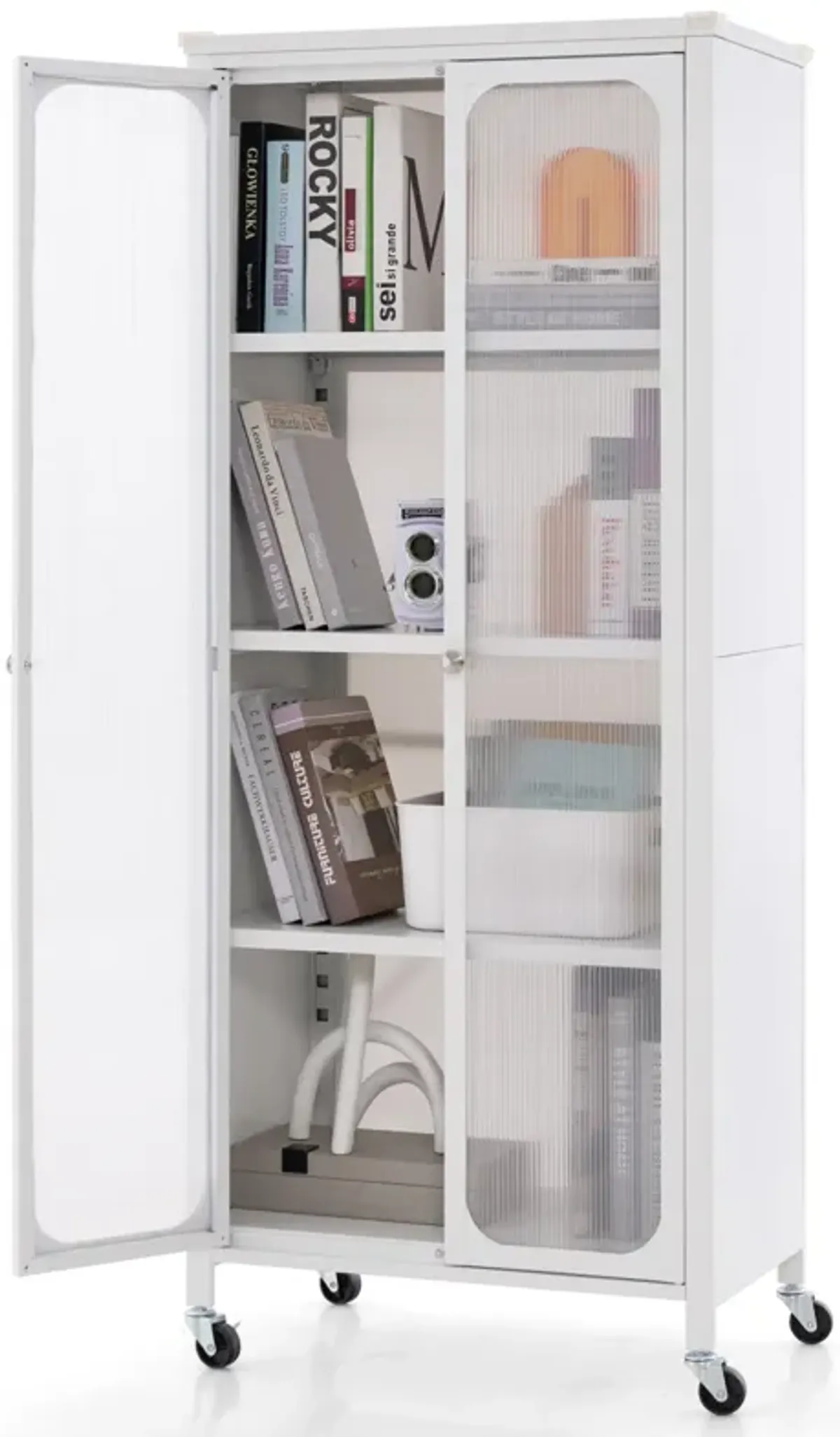 Glass Doors Storage Cabinet with Wheels and Adjustable Shelves