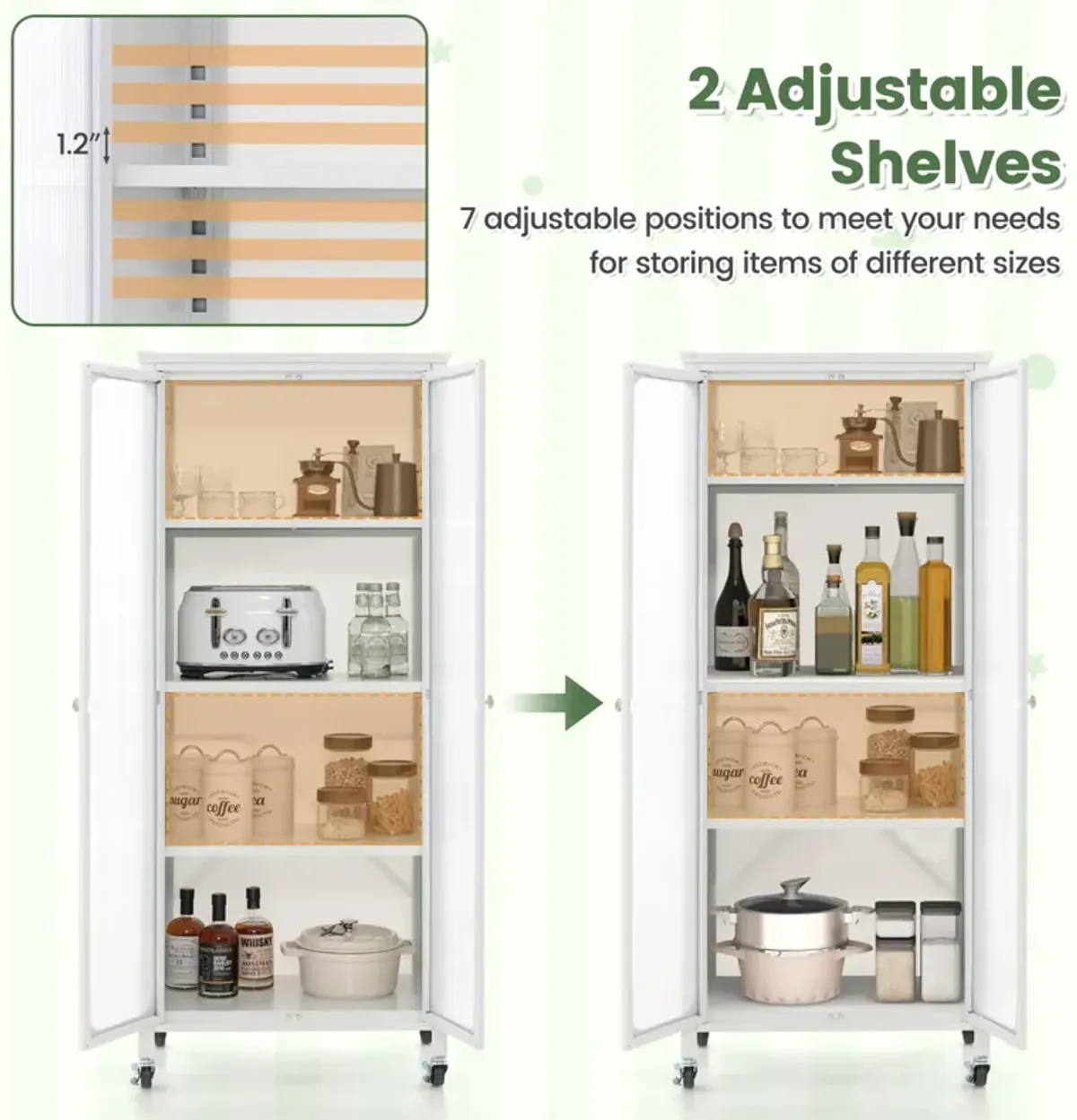 Glass Doors Storage Cabinet with Wheels and Adjustable Shelves