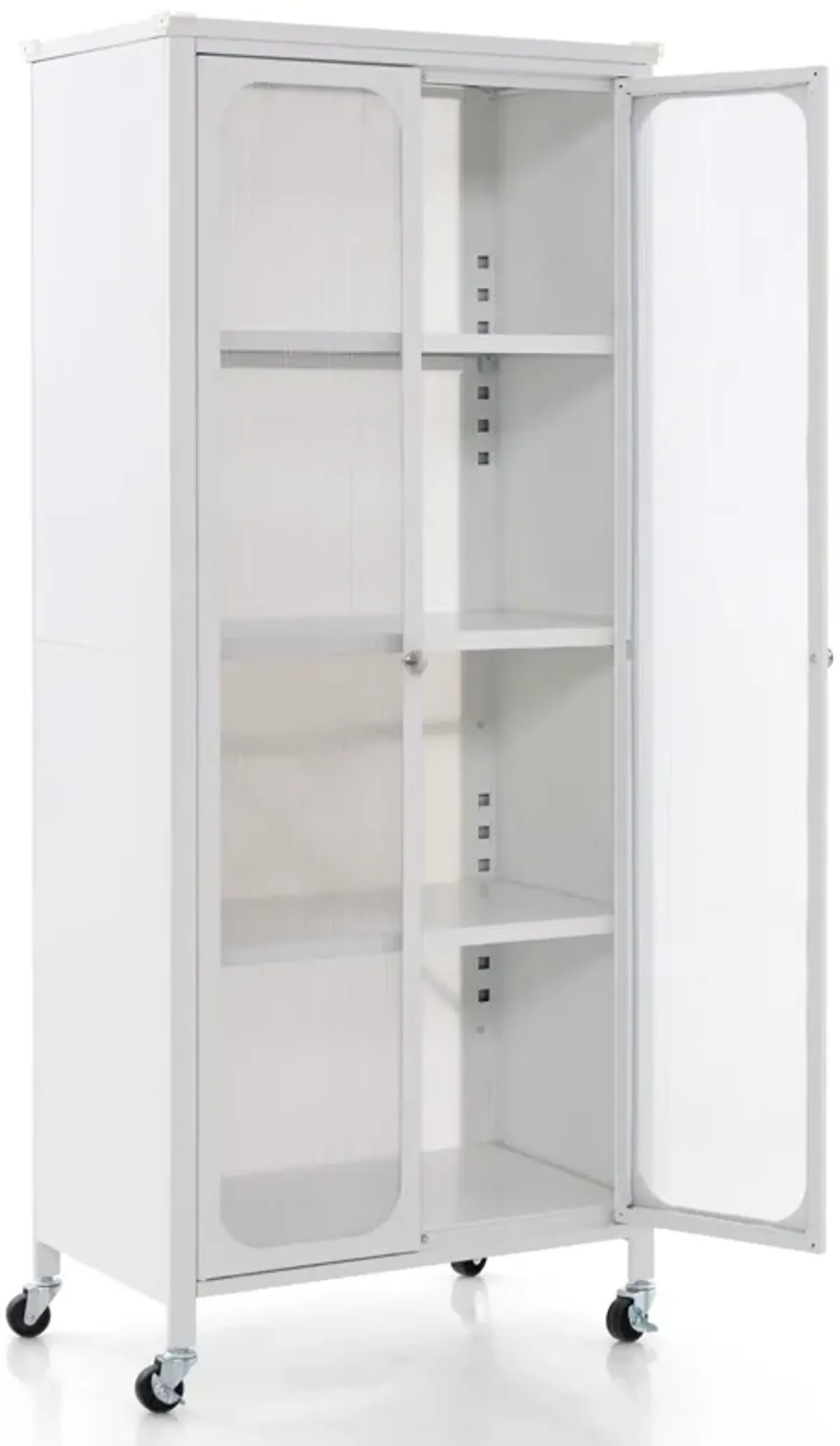 Glass Doors Storage Cabinet with Wheels and Adjustable Shelves