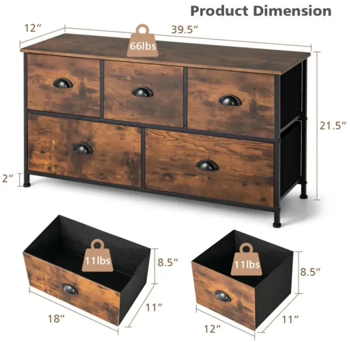 Hivvago Dresser Organizer with 5 Drawers and Wooden Top-Rustic Brown