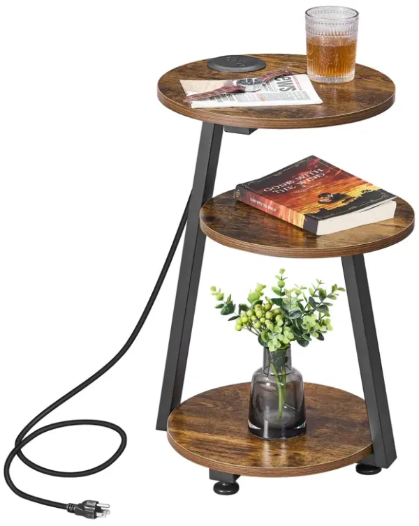 BEWISHOME Round End Table with Charging Station, Accent Side Table Nightstand Bedside Table with 3-Tier Shelves for Living Room