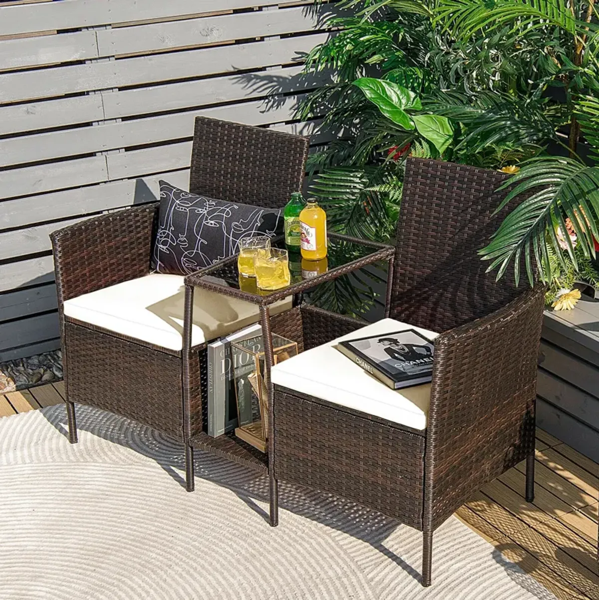 Patio Rattan Wicker Conversation Set Sofa Cushioned Loveseat Glass Table