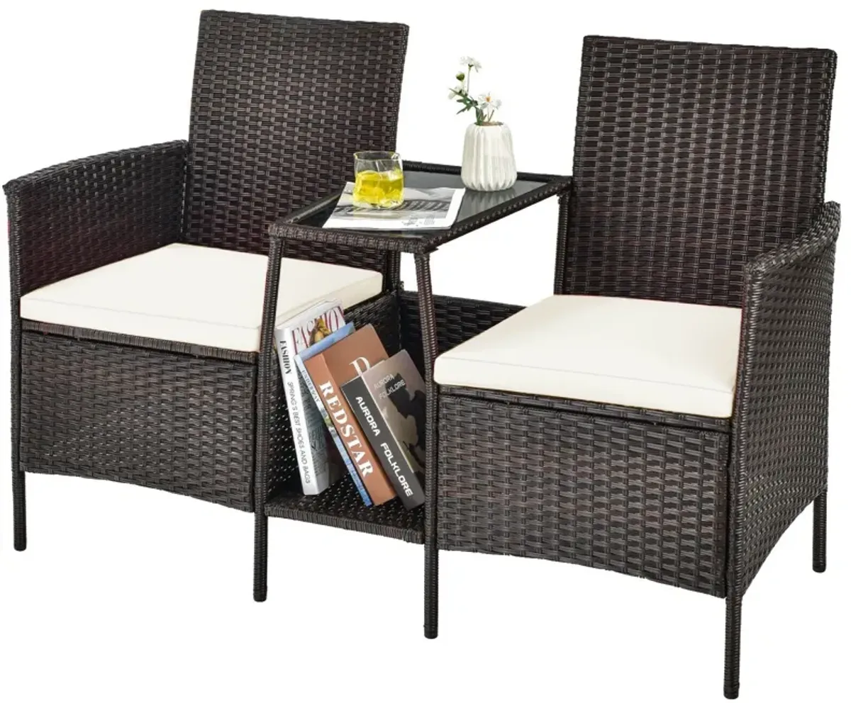 Patio Rattan Wicker Conversation Set Sofa Cushioned Loveseat Glass Table