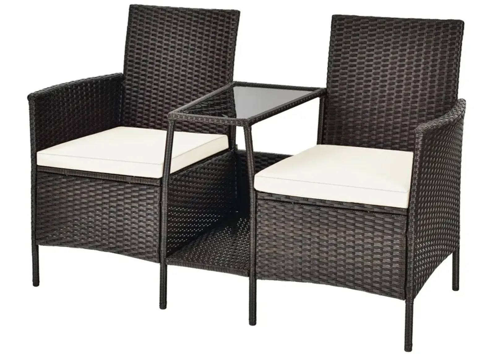 Patio Rattan Wicker Conversation Set Sofa Cushioned Loveseat Glass Table