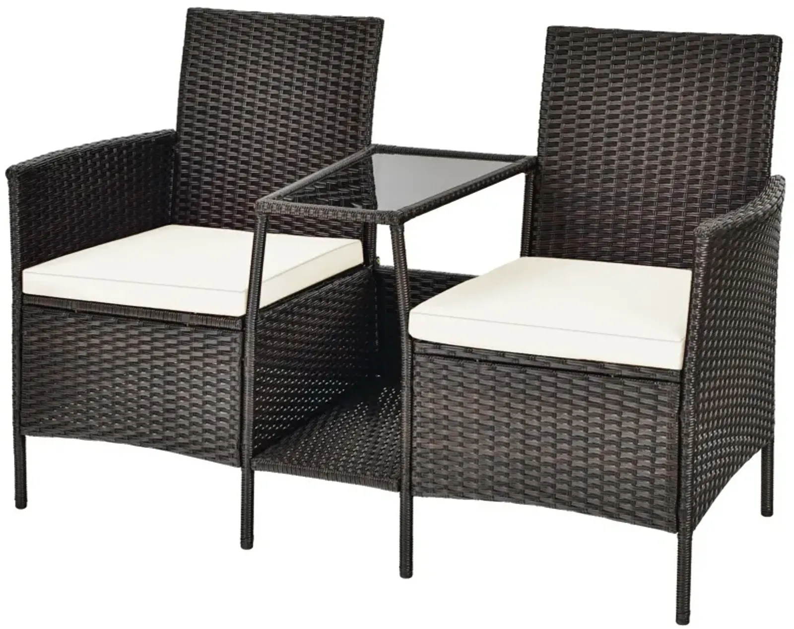 Patio Rattan Wicker Conversation Set Sofa Cushioned Loveseat Glass Table