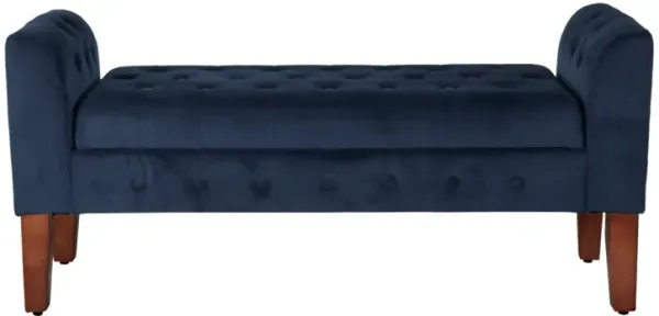 Velvet Upholstered Button Tufted Wooden Bench Settee With Hinged Storage, Dark Blue and Brown - Benzara
