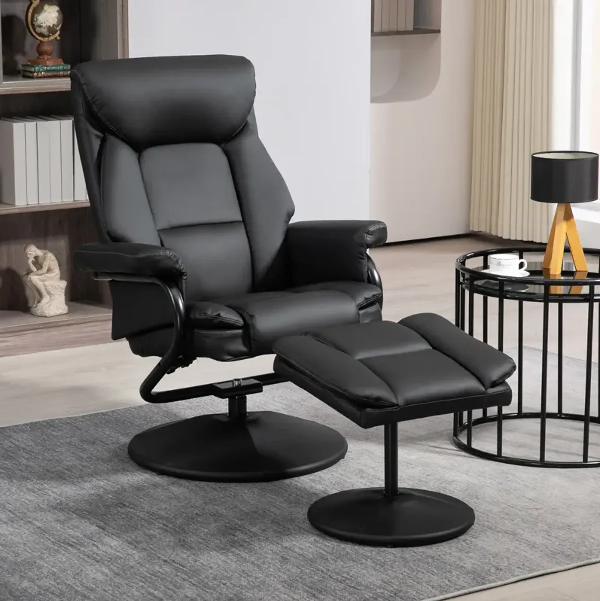 HOMCOM Recliner Chair with Ottoman Footrest, 360� Swivel Reclining Chair, Faux Leather Living Room Chair with Adjustable Backrest and Wrapped Base, Black