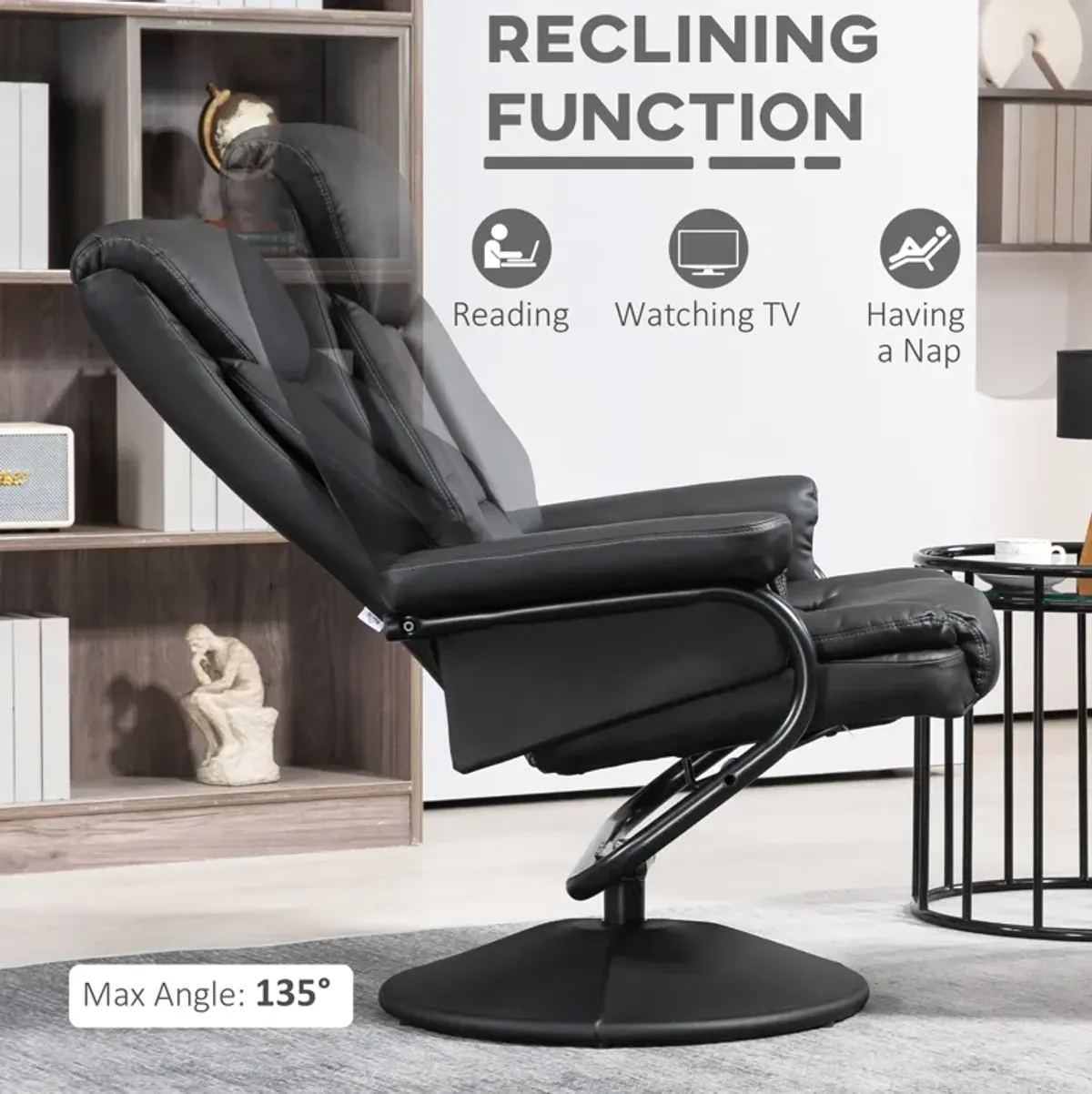 HOMCOM Recliner Chair with Ottoman Footrest, 360� Swivel Reclining Chair, Faux Leather Living Room Chair with Adjustable Backrest and Wrapped Base, Black