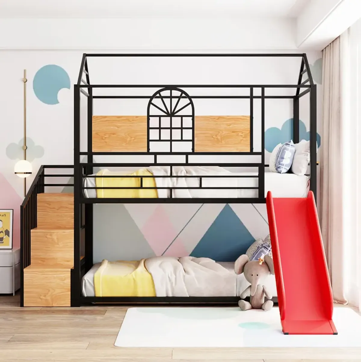 Merax Metal House Bunk Bed with Slide and Storage Stair