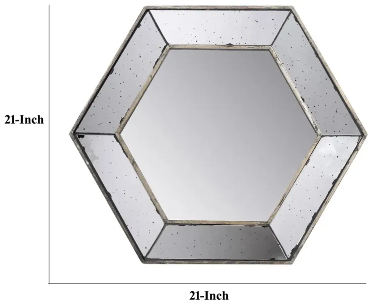 Filo 21 Inch Wall Accent Mirror, Raised Tray Edges, Hexagonal Mirror Frame-Benzara