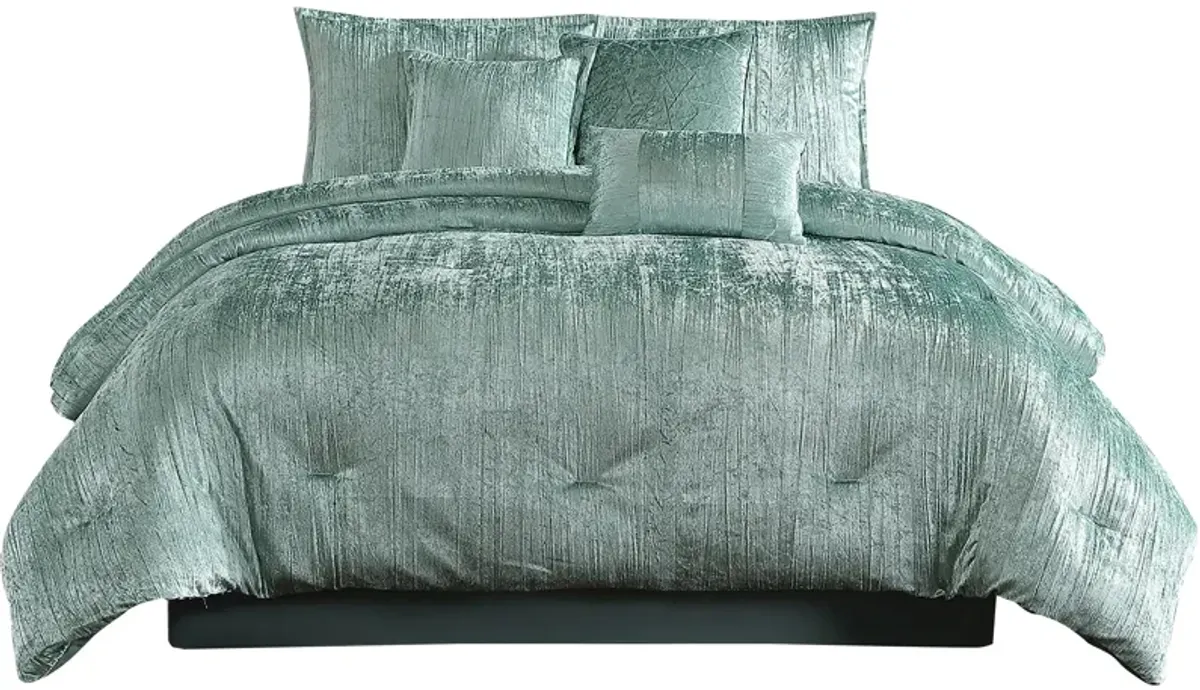 Jay 7 Piece King Comforter Set, Polyester Velvet Deluxe Texture, Green-Benzara