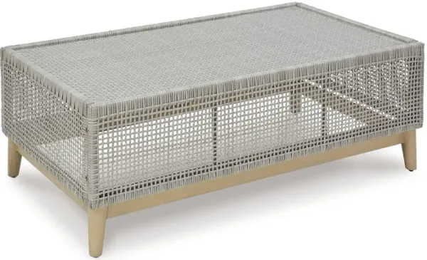 Yami 50 Inch Outdoor Coffee Table, Resin Wicker, Tempered Glass Top, Gray - Benzara