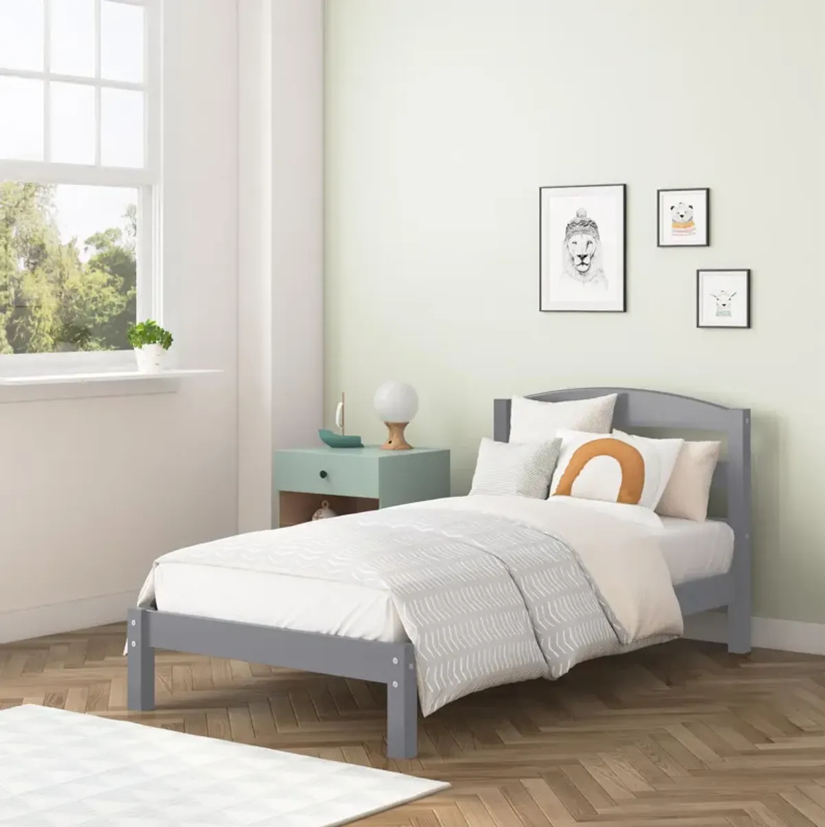 DHP Buster Twin Bed with Wood Headboard, Gray