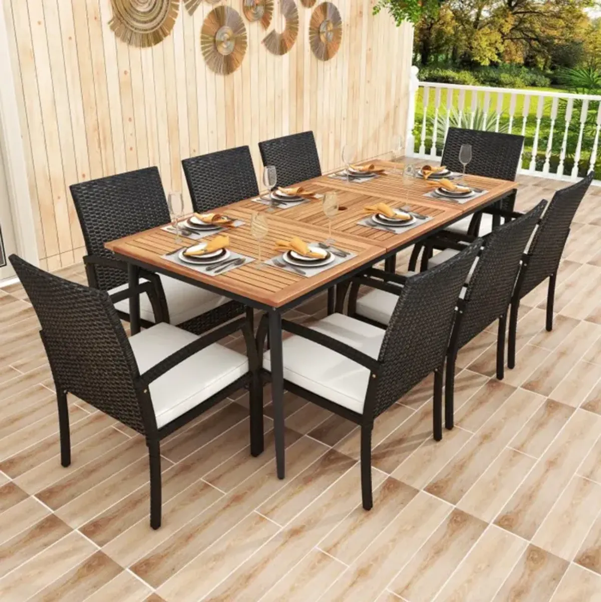 Hivvago 9-Piece Patio Dining Set with Umbrella Hole and 8 Rattan-woven Dining Chairs with Seat Cushions