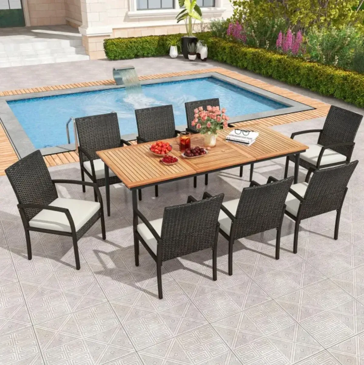 Hivvago 9-Piece Patio Dining Set with Umbrella Hole and 8 Rattan-woven Dining Chairs with Seat Cushions