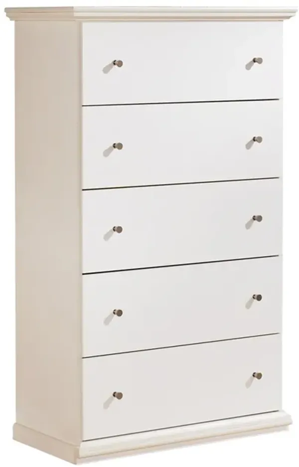 Twik Tall Dresser Chest, 5 Storage Drawers, White Molded Trim Details - Benzara