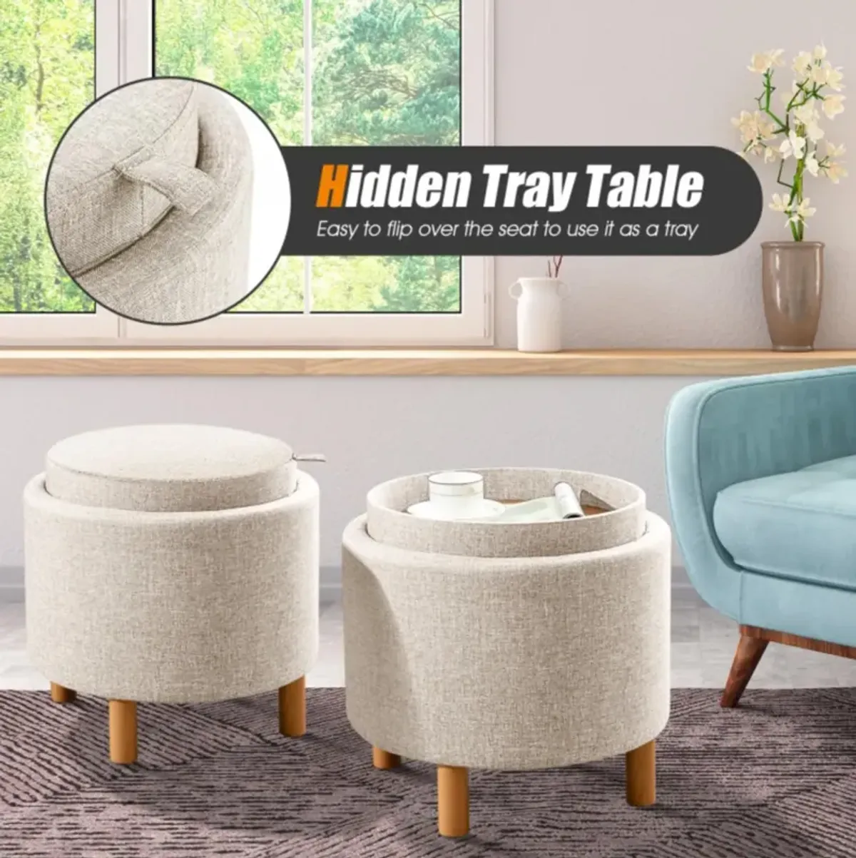 Hivvago Round Fabric Storage Ottoman with Tray and Non-Slip Pads for Bedroom