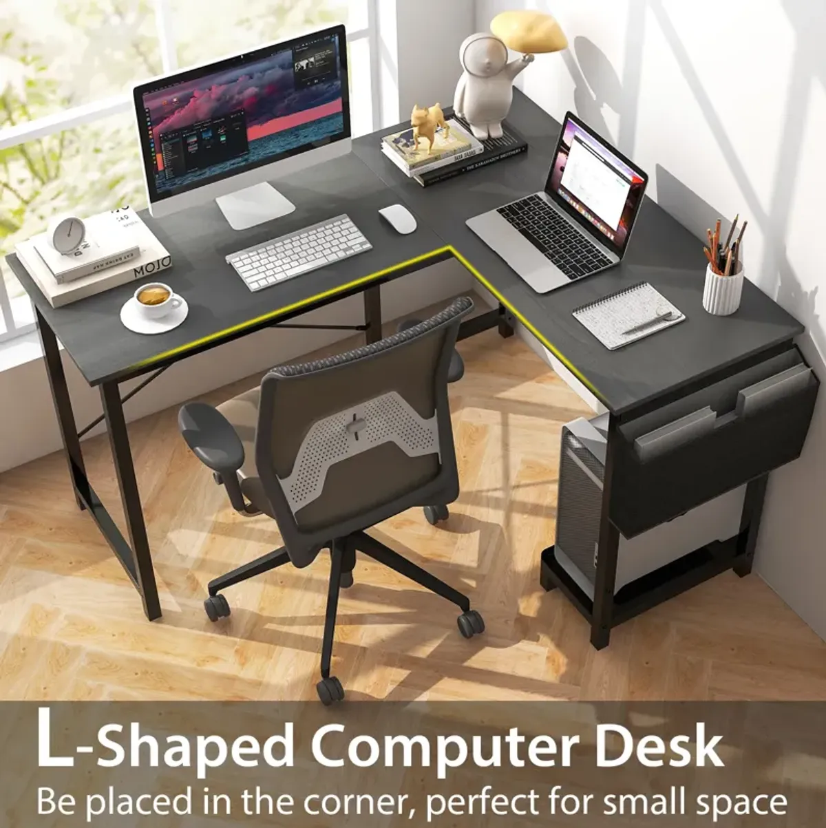 Modern Reversible Computer Desk with Storage Pocket and CPU Stand for Working Writing Gaming-Dark Gray