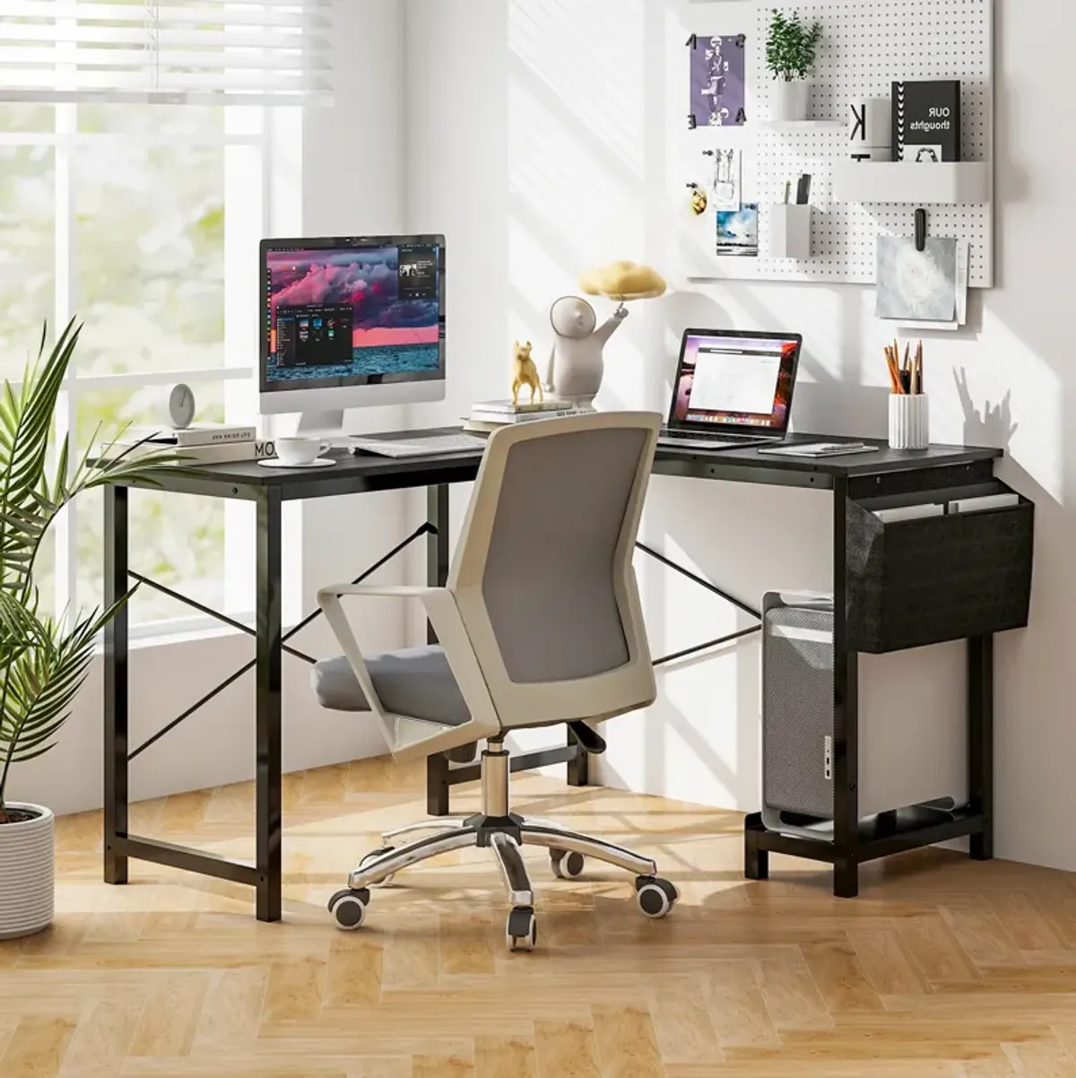 Modern Reversible Computer Desk with Storage Pocket and CPU Stand for Working Writing Gaming-Dark Gray