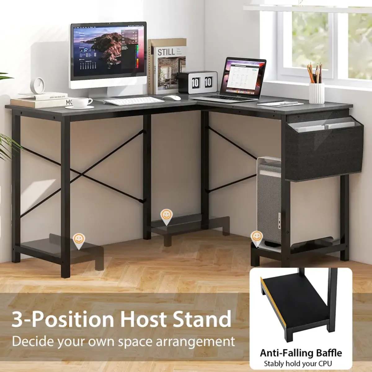 Modern Reversible Computer Desk with Storage Pocket and CPU Stand for Working Writing Gaming-Dark Gray