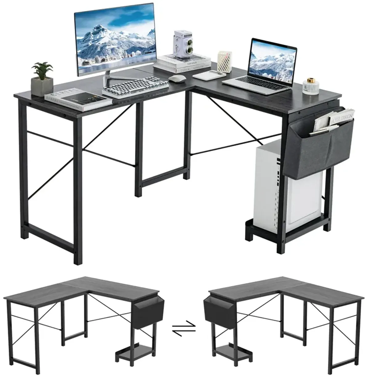 Modern Reversible Computer Desk with Storage Pocket and CPU Stand for Working Writing Gaming-Dark Gray