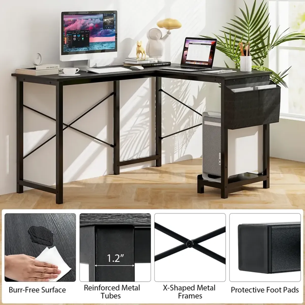 Modern Reversible Computer Desk with Storage Pocket and CPU Stand for Working Writing Gaming-Dark Gray