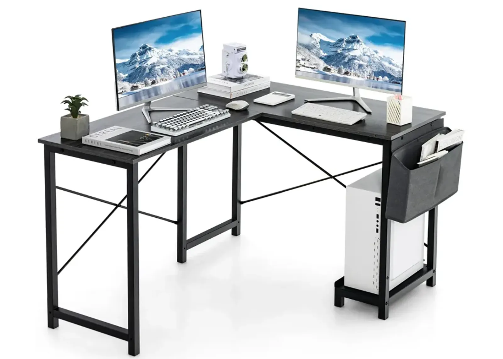 Modern Reversible Computer Desk with Storage Pocket and CPU Stand for Working Writing Gaming-Dark Gray