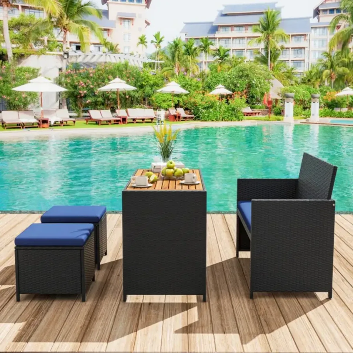 Hivvago 4 Piece Outdoor Dining Set with Wood Topped Dining Table, Rattan Loveseat Chair and 2 Ottomans