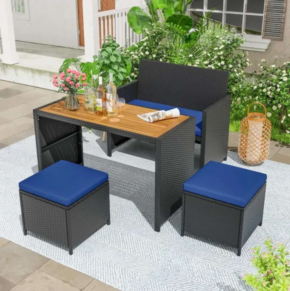 Hivvago 4 Piece Outdoor Dining Set with Wood Topped Dining Table, Rattan Loveseat Chair and 2 Ottomans