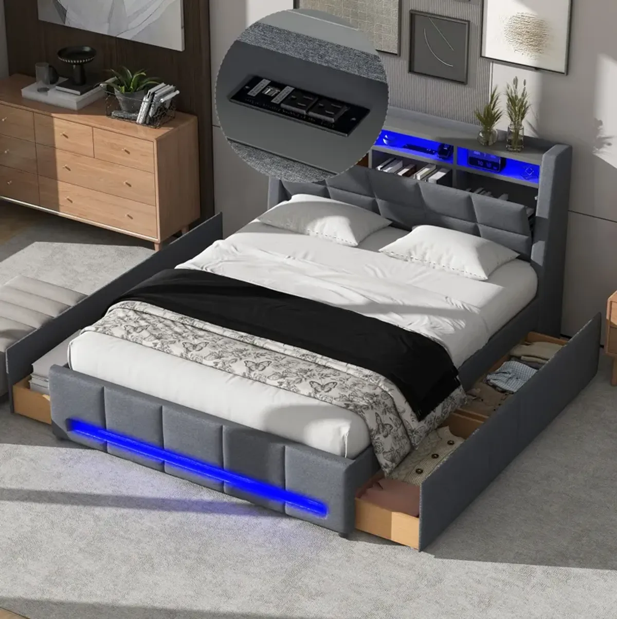 Merax Upholstered Platform Bed with LED and USB Charging