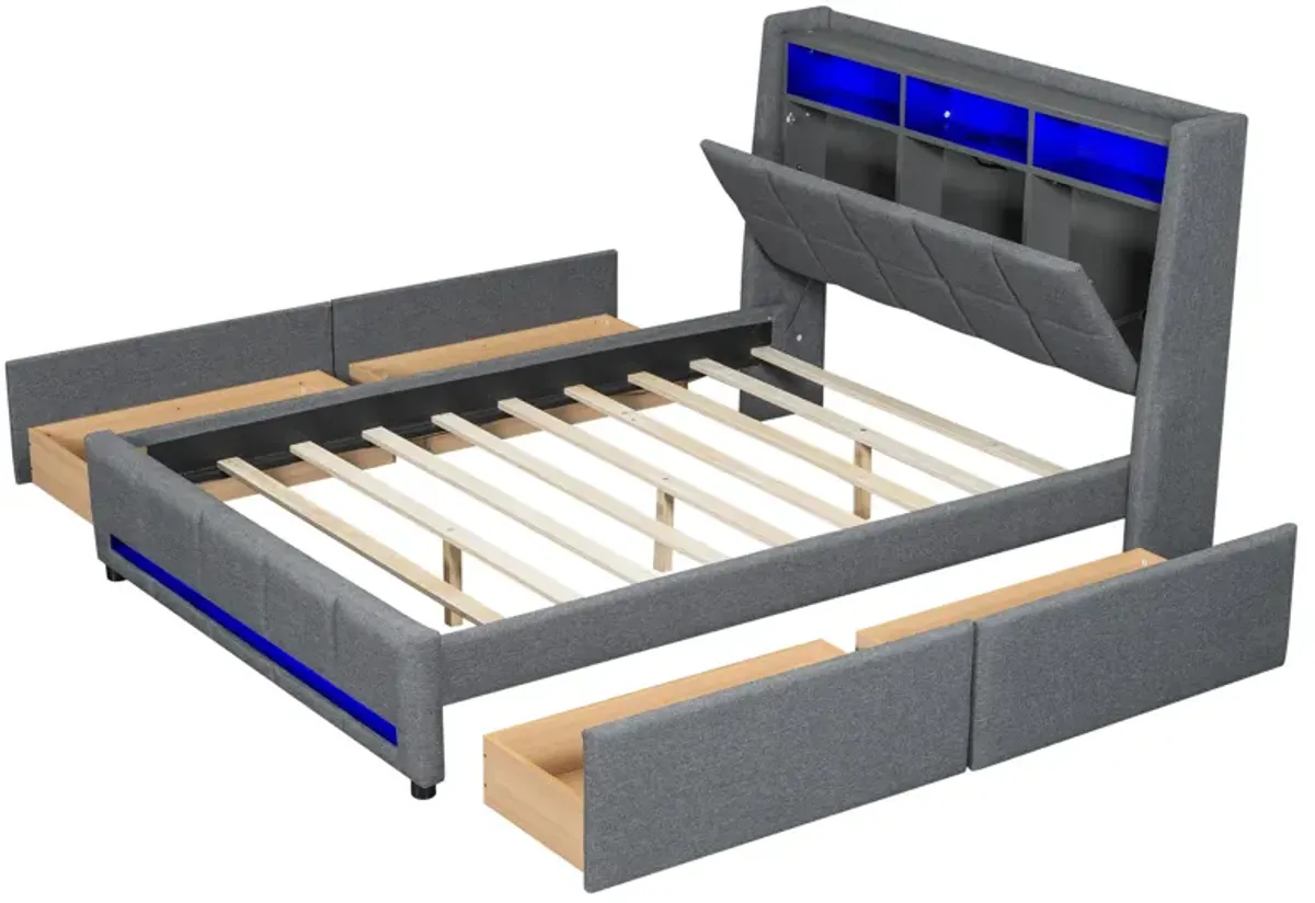 Merax Upholstered Platform Bed with LED and USB Charging