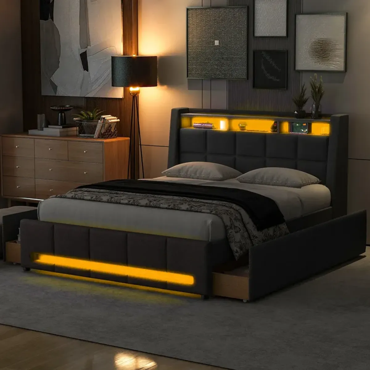 Merax Upholstered Platform Bed with LED and USB Charging