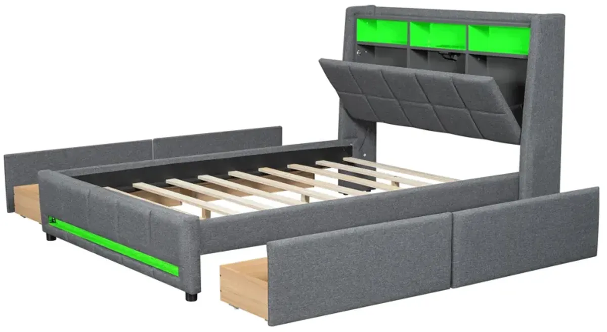 Merax Upholstered Platform Bed with LED and USB Charging