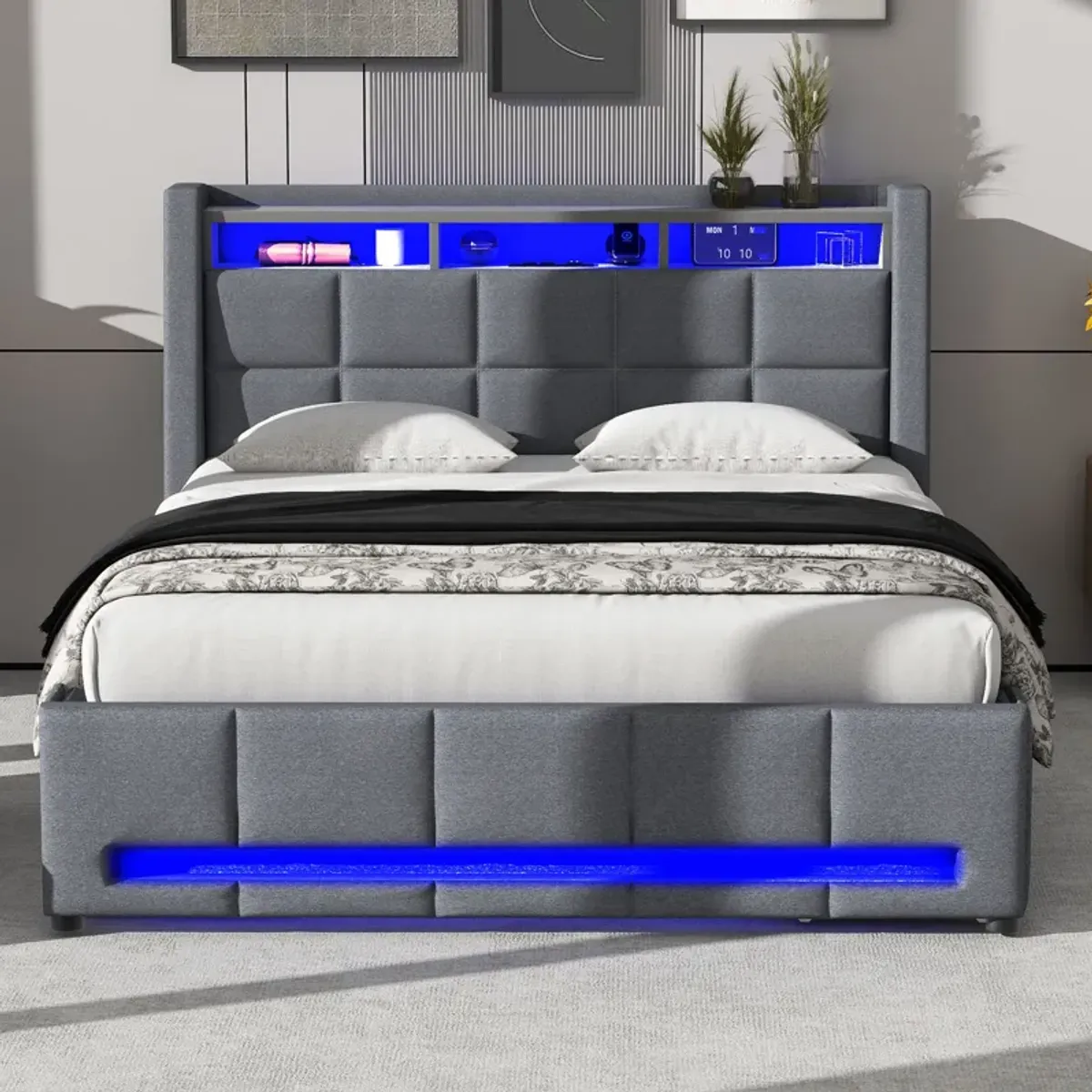 Merax Upholstered Platform Bed with LED and USB Charging