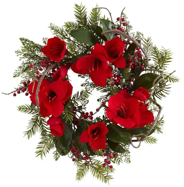 Nearly Natural 24-in Amaryllis Wreath