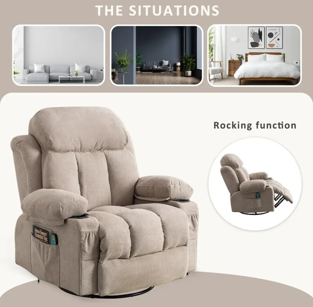 39.76 in. W Fabric Recliner with Rocking, Remote Control, Tufted and Storage