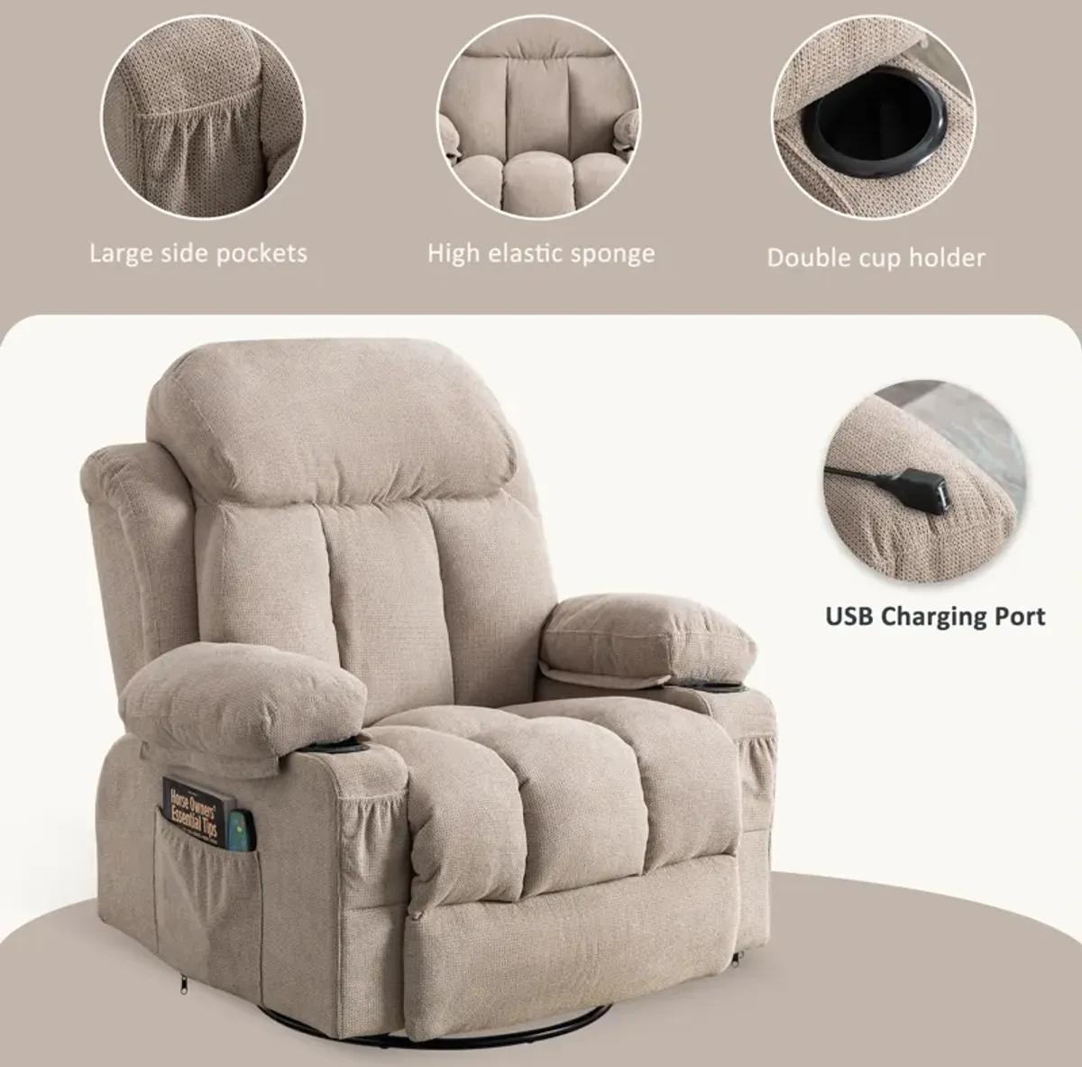 39.76 in. W Fabric Recliner with Rocking, Remote Control, Tufted and Storage