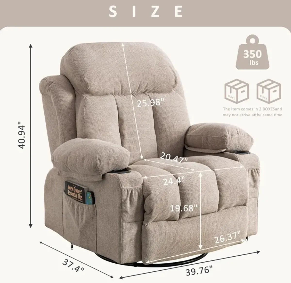 39.76 in. W Fabric Recliner with Rocking, Remote Control, Tufted and Storage