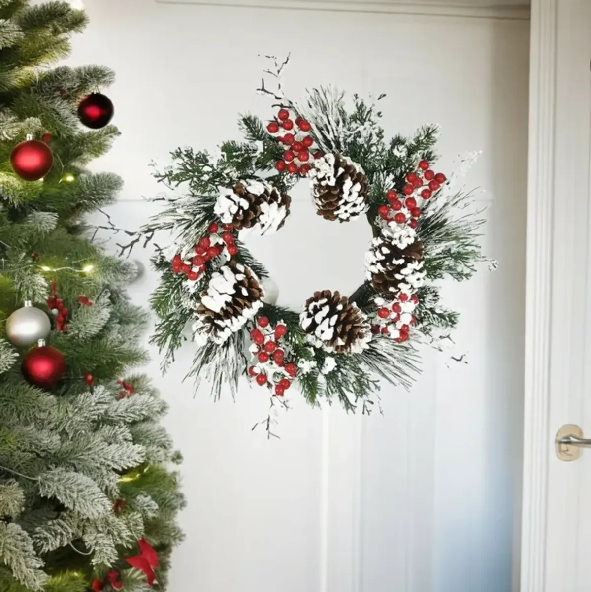 Snow Mixed Pine and Berry Wreath for Winter and Holiday Home Décor