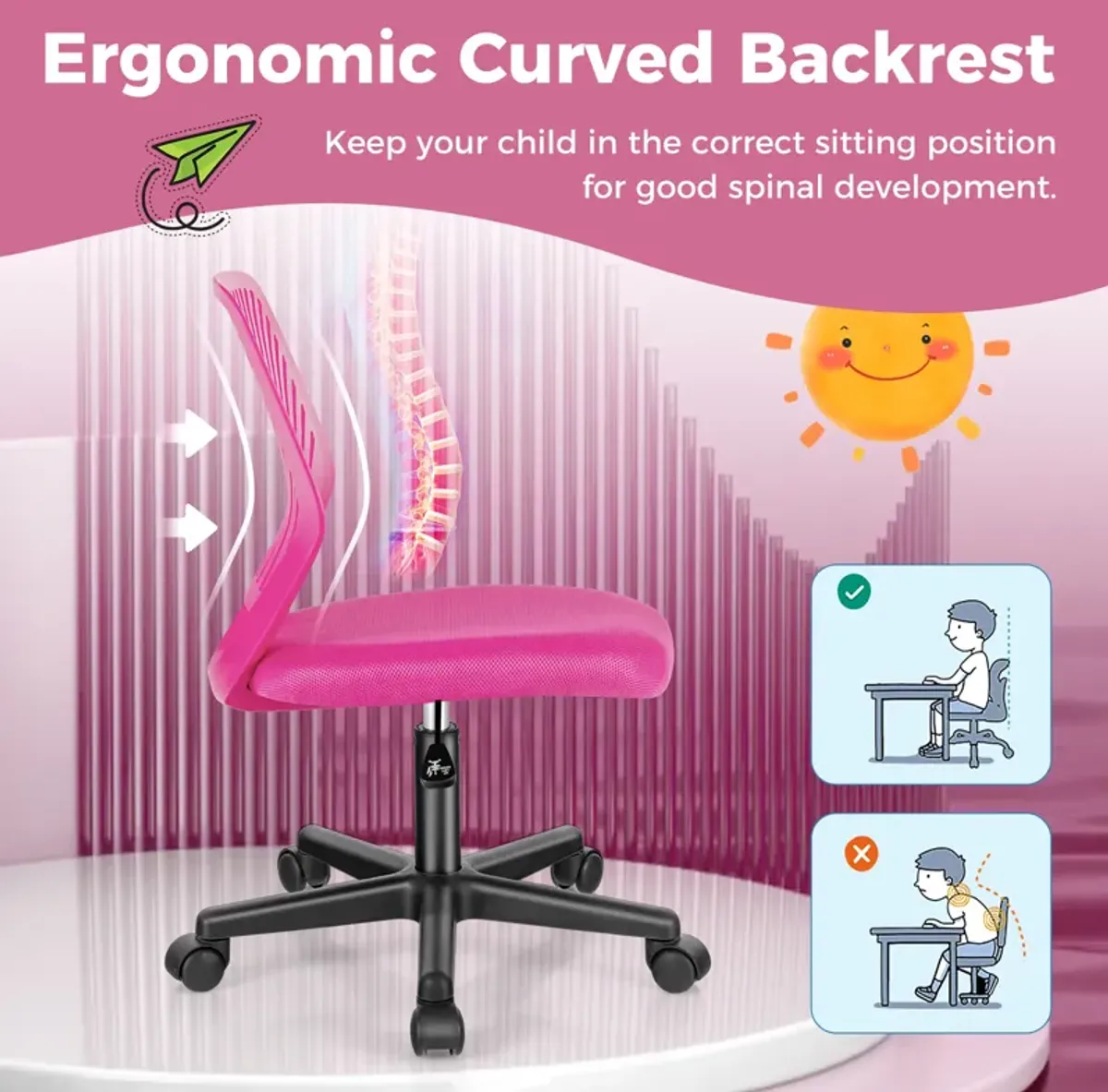 Height-adjustable Ergonomic Kids Desk Chair with Universal Casters