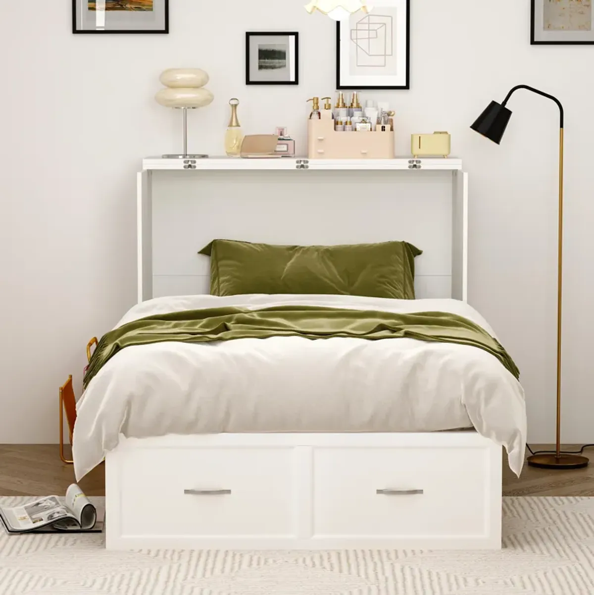 FUFU&GAGA Modern Convertible Bed with Storage Drawers and Upholstered Backrest (76.8" L x 44.4" W x 41.3" H), White