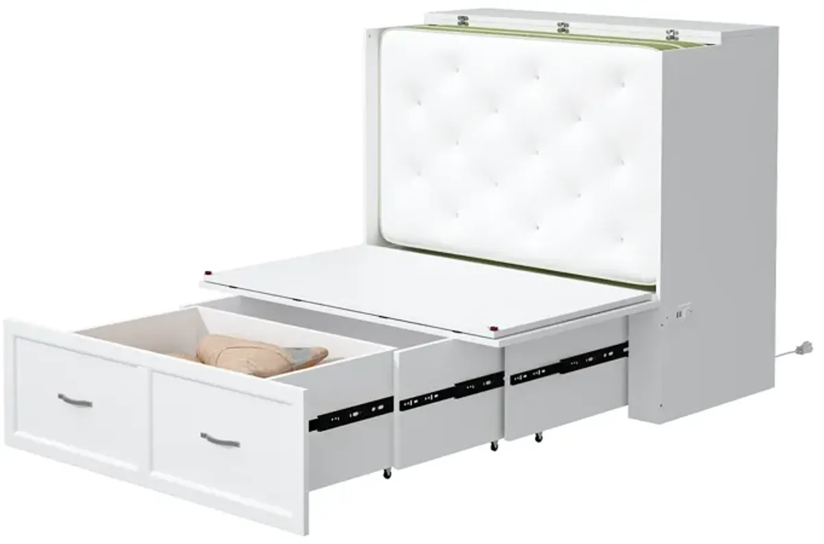 FUFU&GAGA Modern Convertible Bed with Storage Drawers and Upholstered Backrest (76.8" L x 44.4" W x 41.3" H), White