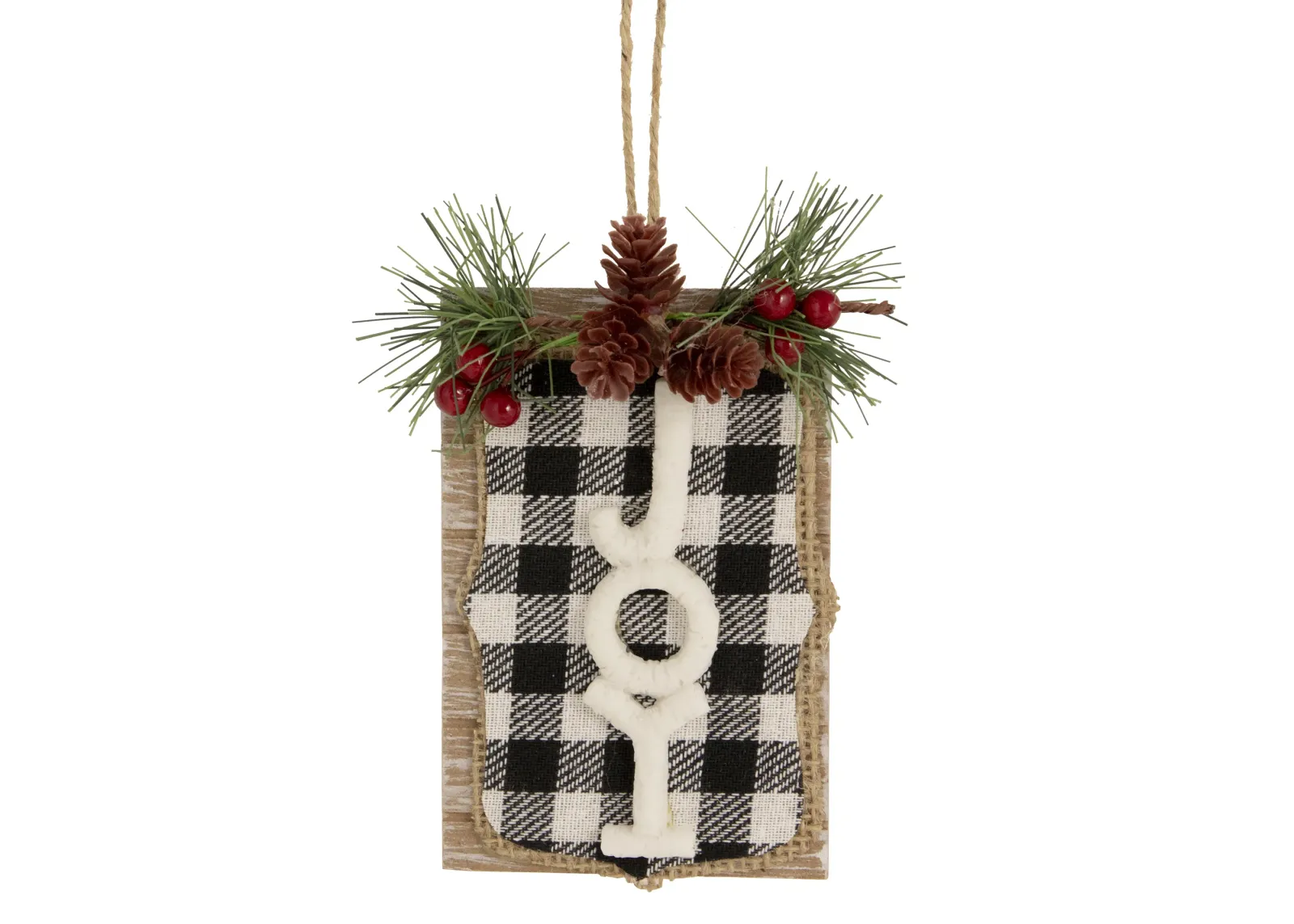 4.75" Black and White Buffalo Plaid "Joy" Pinecone Christmas Sign Ornament