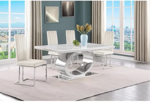 5pc Small(68") marble top dining set with silver base and 4 Cream side chairs