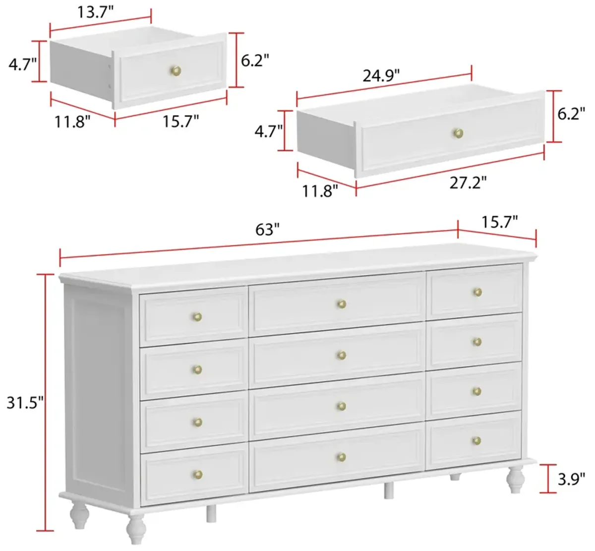 White Wooden 12-Drawer Chest of Drawers 63 in. W x 31.5 in. H x 15.7 in. D Dresser, Modern European Style