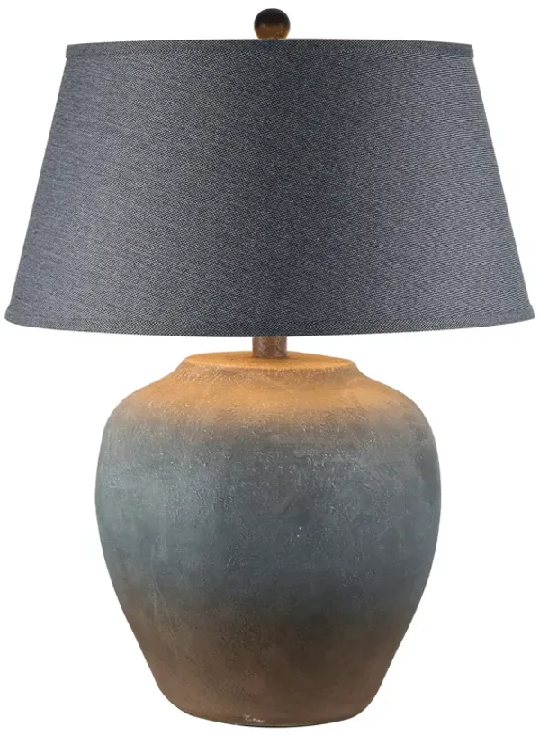 Buen 28 Inch Hydrocal Table Lamp, Black Drum Shade, Urn Base, Gray Rust - Benzara