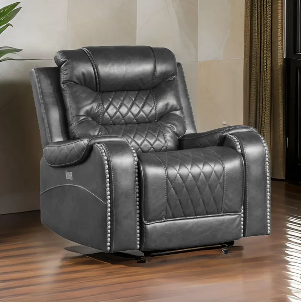 Paul 38 Inch Power Swivel Glider Recliner Chair, USB, Gray Faux Leather - Benzara